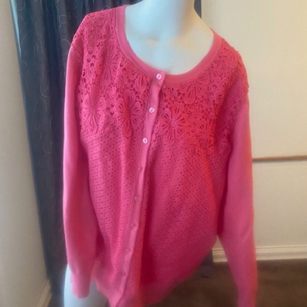Charter Club Woman Glamour Pink Lace front button-down sweater, size 3X